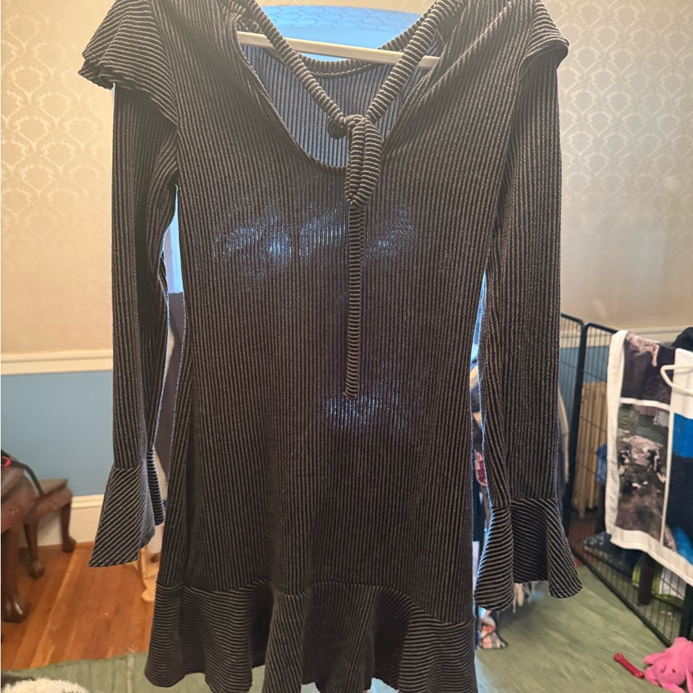 Black Ribbed Knit Dress with Tie Neck